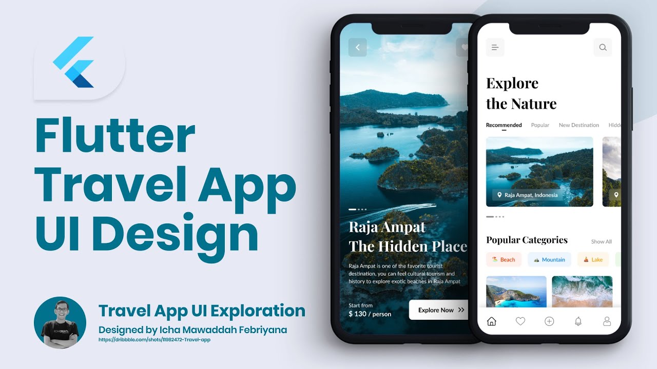 Tutorial UI Flutter – [ PART 1 ] Mendesain Desain UI Aplikasi Perjalanan | Dribbble Eksplorasi UI